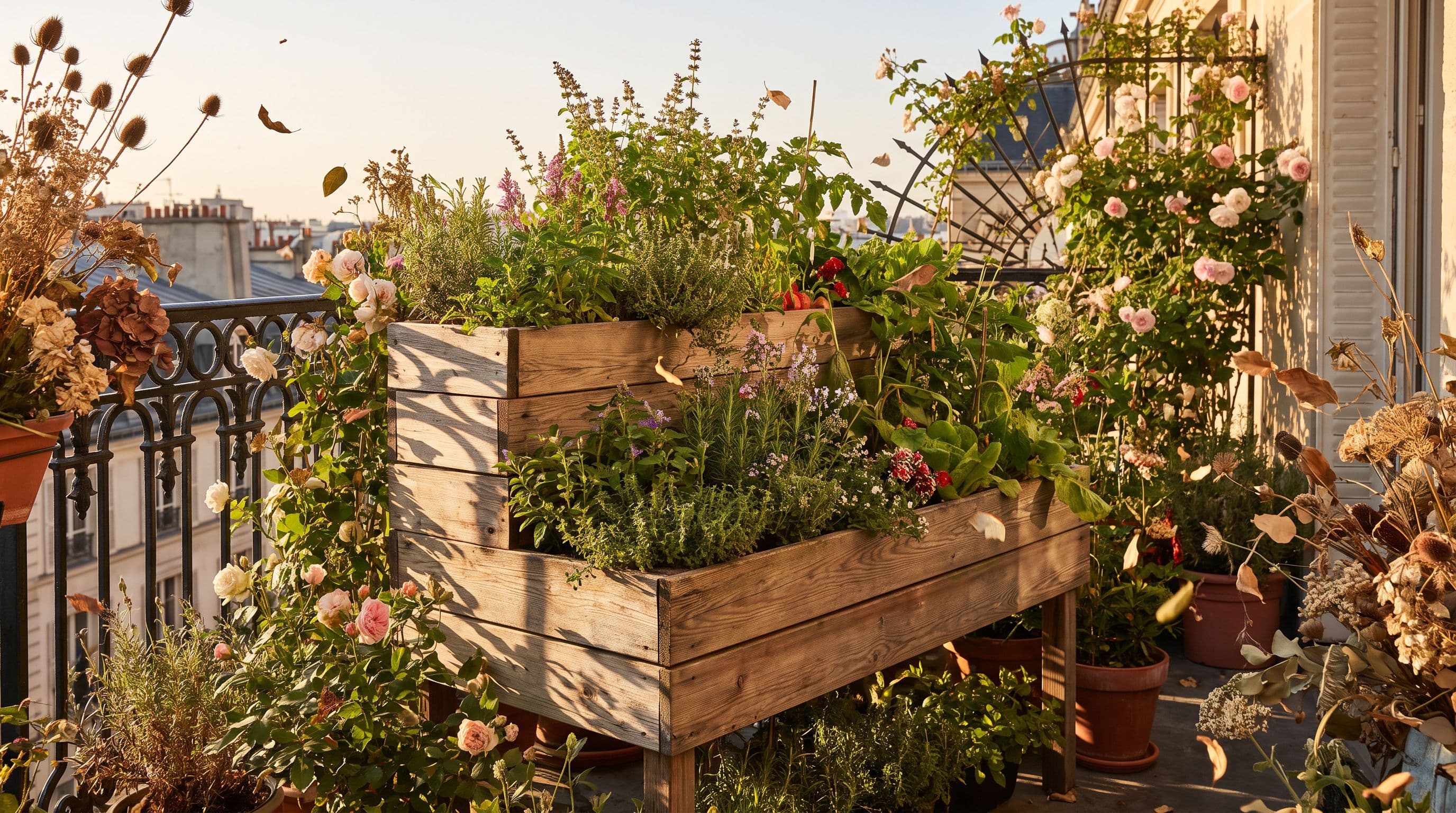 Carré potager en bois installé sur un balcon parisien